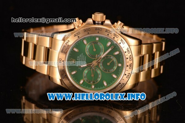 Rolex Daytona Chrono Swiss Valjoux 7750 Automatic Yellow Gold Case/Bracelet with Green Dial and Stick Markers (BP) - Click Image to Close